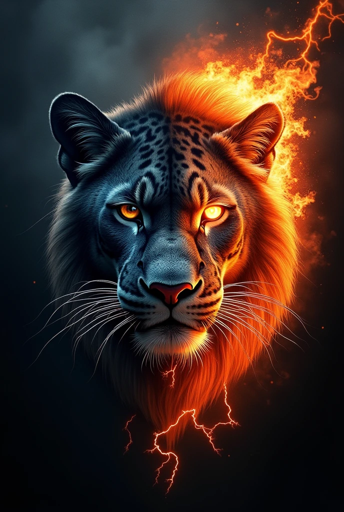 Can you make me a back tattoo of just the face of a panther next to the face of a lion where the lion's fur is fire and the panther's fur looks like it's a huge darkness?, where the eyes of the lion and the panther are emanating sparks of lightning