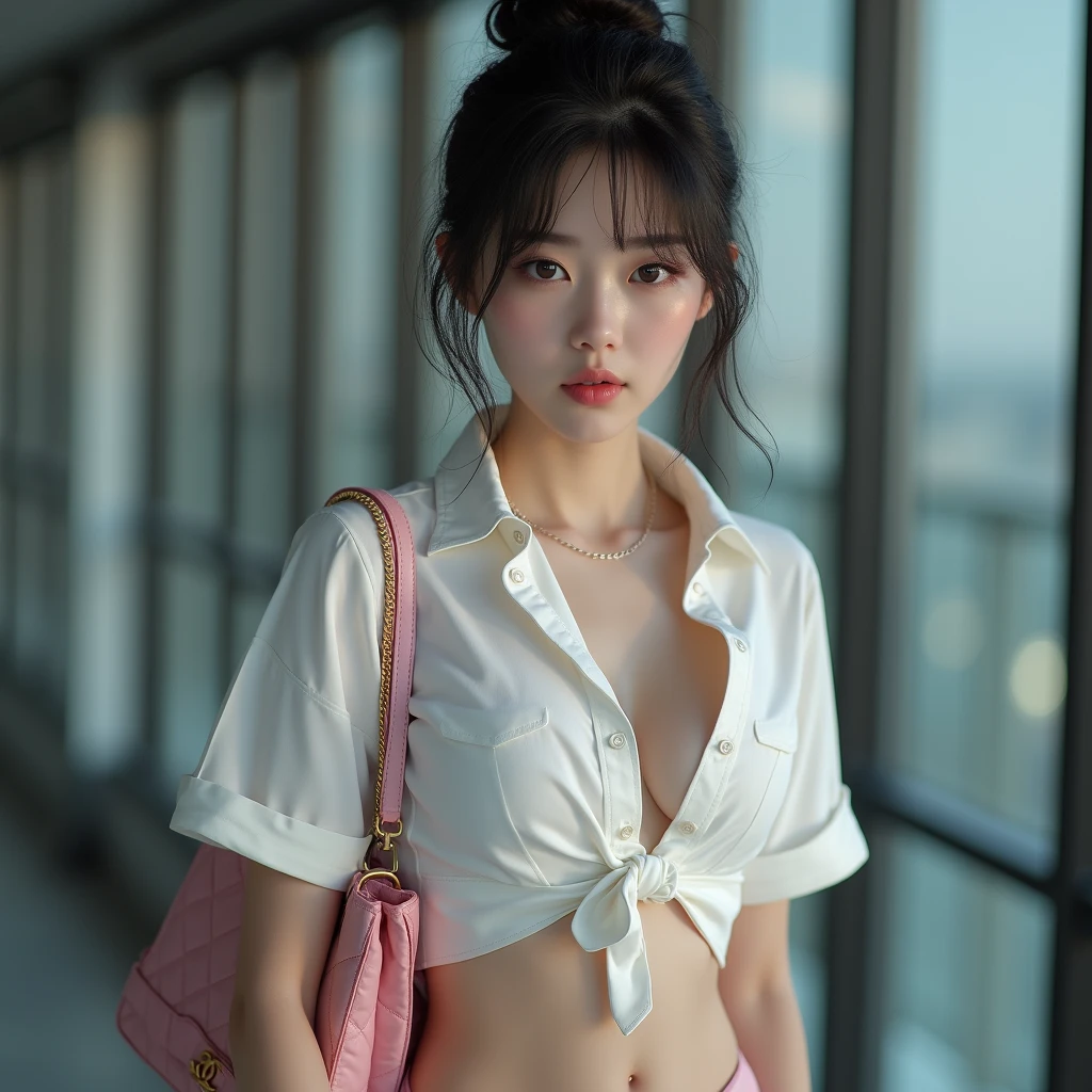 (masterpiece, highest quality:1.2), 8K, young beautiful girl, 85mm, baby face、show me your ears、photo shoot, cute face, Ultra high definition photo realistic edited photo full body super realistic, head to toe photo, full body photo, drunk beautiful sexy white skin Japanese female net idol 1, white button collar short sleeve plain shirt, top hanging down from chest, (simple necklace: 1.1), , 8k, photo realism, pink balloons, modern background, long legs, slender, sneakers, shiny skin, light reflecting off the skin, skin aura, pink Chanel handbag strap on shoulder, 8k,((Beautiful girl alone with a flat chest:1.3, Baby Face:1.3)), ((Tight waist:1.3)), Slender body line, (Small and slender figure:1.3), (Small beautiful butt), (Thin thighs), (Slim Belly:1.2), (Beautiful Skin), ((Moist and cute lips:1.2))、high nose, (Detailed eyes and face:1.2, Professional photography techniques), (Highest quality, Highest quality, masterpiece:1.2, High definition, Realistic:1.37), Cinema Lighting, ((Short Two Side Up:1.2)), Detailed beautiful hair, Silky smooth hair, Beautiful straight hair, ((Cute school uniform:1.3, School uniform that suits flat chests:1.2))、Blurred Background、(Detailed correct move:1.1)、Navel of beautiful shape, (detailed flat chest:1.2)、 figure、(((Provocative look、Poses that captivate the opposite sex:1.2)))、((flat chest shot:1.2)), so tensed , so confused his study, keep smiling and weeping both
