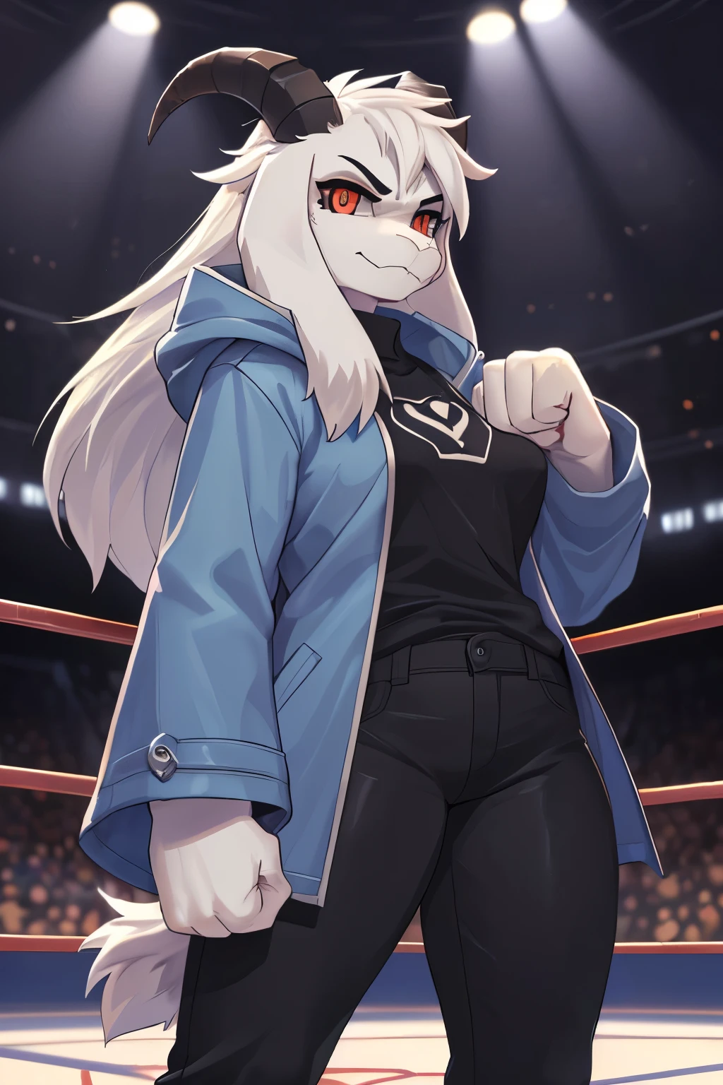 woman,  adult, alone, in an arena, hairy, goat, anthropomorphic goat, Asriel, Undertale ((Asriel Dreemurr)), average breasts, big ass, average hips, perfect body, tall, ((long hair, long white hair ), black eyes ((black sclerae), reddish pupils, ((slit-shaped pupils)), anthropomorphic face, cartoon, angry, Eskimo coat ((blue coat, no drawing, Eskimo coat)), paw metacarpal, black blouse ((black shirt, black pants)), goat's tail, short horns, white horns ((droopy ears, big ears)), black markings on the body (God of Hyperdeath), looking at the viewer, paw goat, anthropomorphic paw, battle stance, combat pose, closed fists, details on the paws, detailed, best quality, best detail, details and quality.