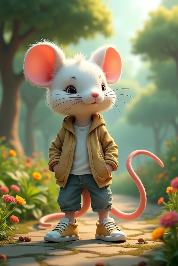 White mouse posing as a teenager Standing in sneakers, in an environmental park