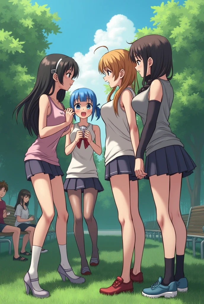 highest quality, Ultra-high resolution, (Realistic: )2D official style cel animation,((Three girls sitting side by side))Navy blue mini skirt,summer shirt,(Lace panties),loose socks,sneakers,Full body portrait,(From below),Station stairs,sunny,Embarrassed face,Spread your legs、from the front