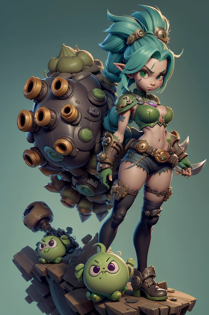 Rayman Legends style tree, character estilo art rayman legends, girl, fully body, STYLE mercenary with futuristic doom style weapons, Giant Accessories,Giant Monster, big breats,Little bunny,big breast, sensuality, elfo, mascot next door,doom style weapons,((doom armor)),((greate gun ))