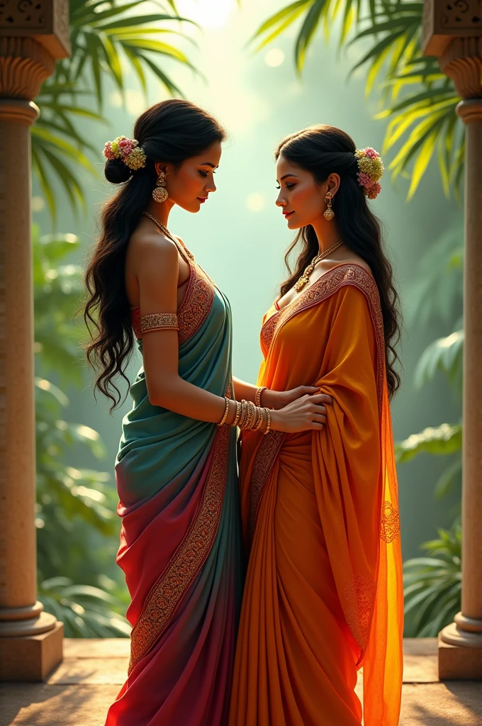 Create a picture of a 2 woman with a slim figure wearing a saree with Kerala flair.