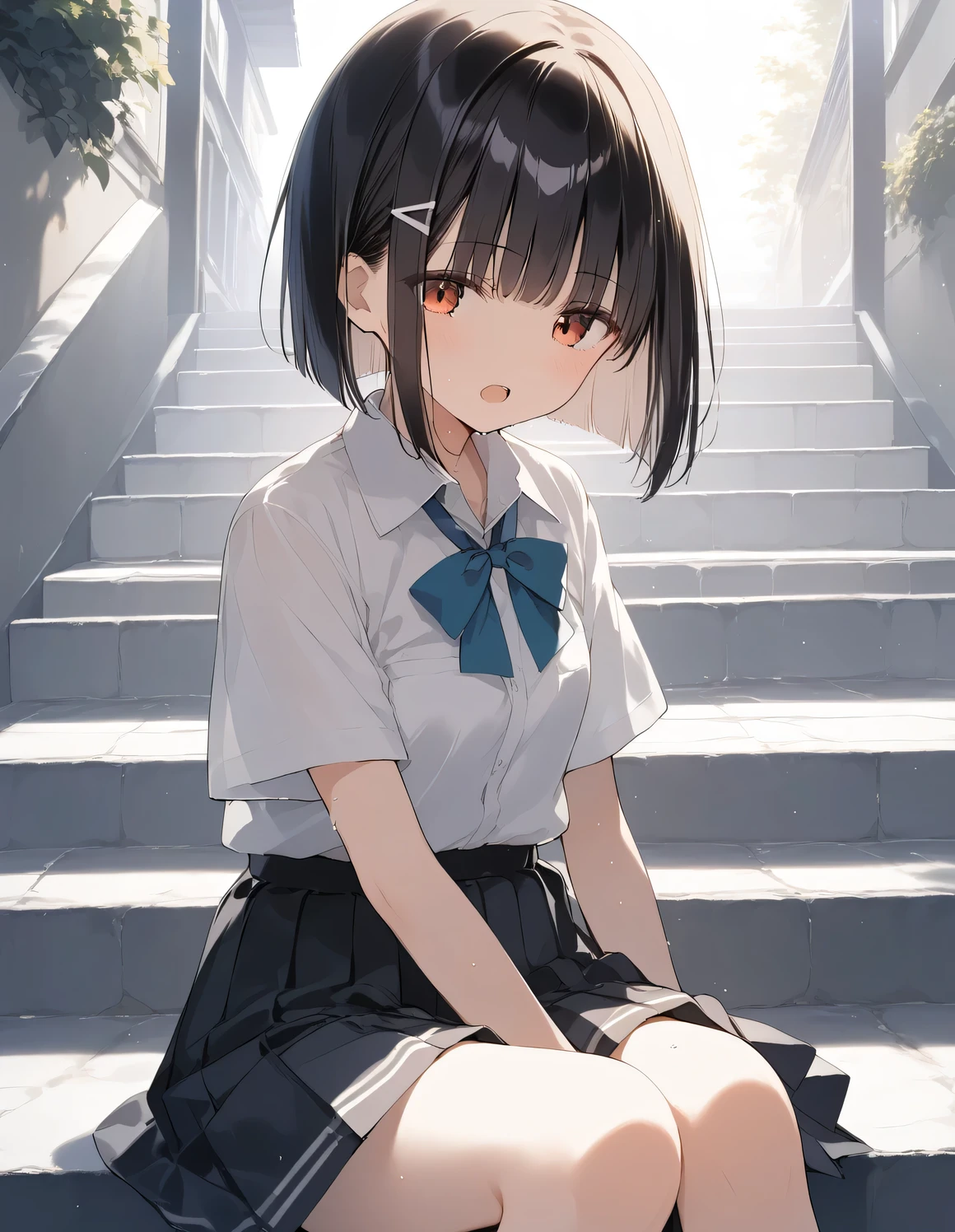 score_9, score_8_up, score_7_up, source_anime, best quality, masterpiece, official art, absurdres, highres, ultra-detailed,waifu2x,Collection: Slice of Life,break,1girl, very short hair, blunt bangs, hime cut, small breasts, beautiful detailed eyes, collared shirt, pleated skirt, sweat, open mouth, (yawn:0.3), expressionless, outdoors, sitting, stairs, (Detailed Lighting), (Detailed background),break,(clear line illustration:1.2), super detailed skin,very high resolution, very aesthetic, Best sexual lighting powered by famous artist, 8k, 16k, cute picture,beauty illustration,photoshop_(medium),,(Detailed Lighting),best anime 8k konachan wallpaper, pixiv contest winner, ((artist:takeuchi_takashi )),