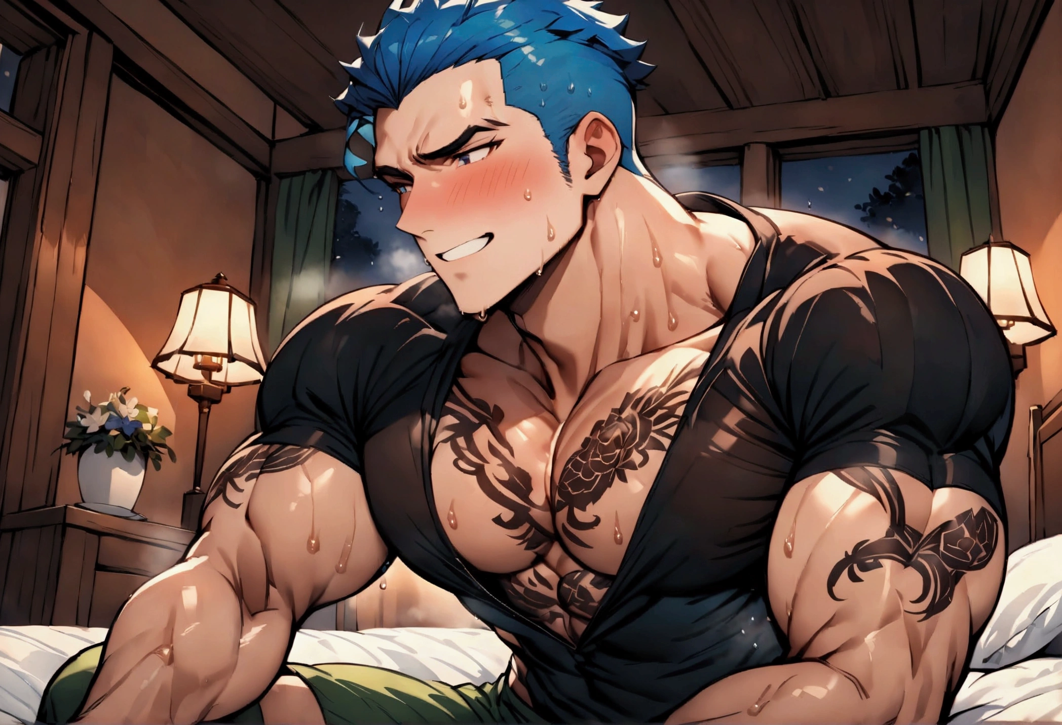 Highest quality、masterpiece、(muscular male:1.2)、(father:0.5)、Shaved head、Blue Hair、(sweat:1.3)、steam、tattoo on chest、tattoo on leg、On the upper half of his body he was wearing a tight fitting black shirt with an open neckline.、The lower half is green shorts、night、On the bed at the inn、straddle、Embarrassed face