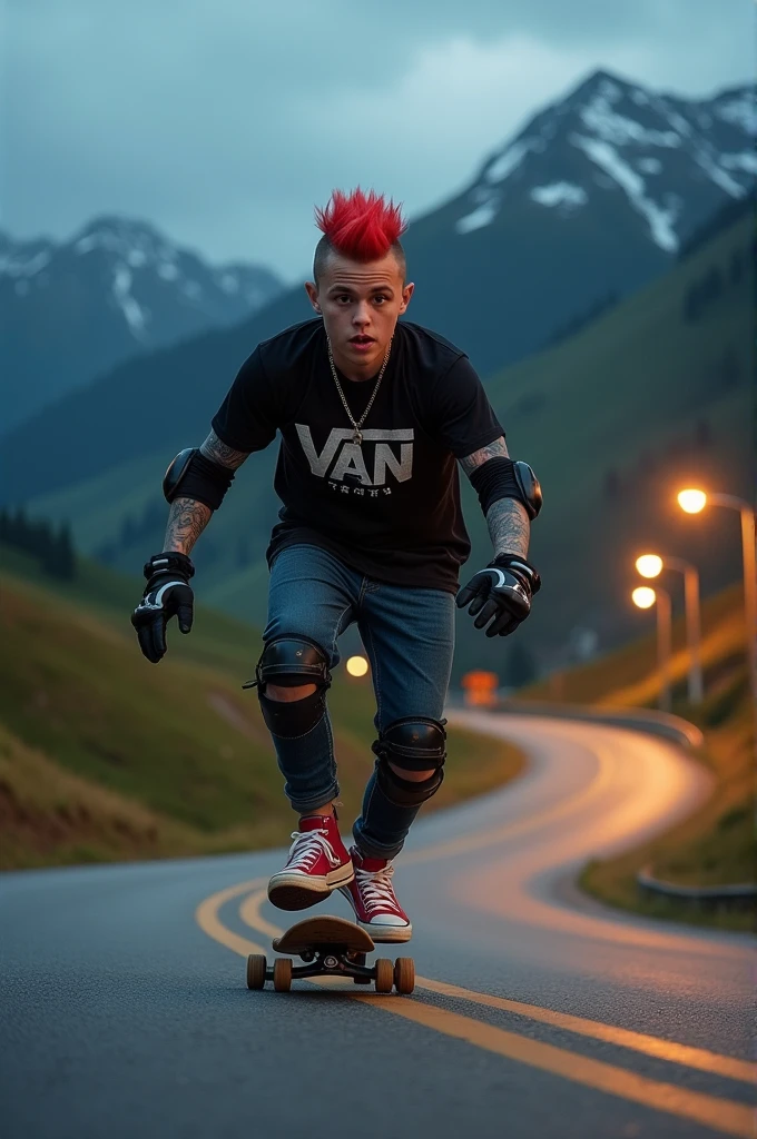 a young Punk skateboarding with red mohawk and upturned jacket covered in tattoos on his arms,he is bodys is fat with a cool pose, confidently riding a skateboard down a winding mountain road ferry fasted, framed by the night golden light of the street. He is wearing a black t-shirt with a vintage VAN logo on his chest and a bag on his back, and denims jeans and use red converse shoes. The man look at the camera, his hands protected by black gloves, adding a personal touch to the thrilling scene. He also wears knee and elbow pads, ensuring safety as he navigates the turns with ease. The background is midnight lanscape features rolling green hills and snow-capped mountains in the distance, creating a stunning contrast to the rider’s dynamic movements, amplifying the excitement. In the distance. The image exudes the thrill of downhill skateboarding, the beauty of the natural scenery, and the fearless energy of the rider, with an Instagram-worthy night atmosphere.