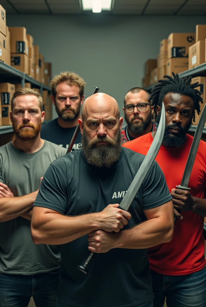 Four white men and one mulatto looking at the camera holding bladed weapons described below for each one ,being 1 bearded bald man with a cleaver, second with glasses beard hair and nike shirt with katana, third a tall bald white man without a beard with a viking body with a guts sword ,the fourth a chubby guy with hair and beard with a fishbone, fifth with strong nudreds hair and with sword, in the background of the image shelves and stock boxes image with 80s style vhc