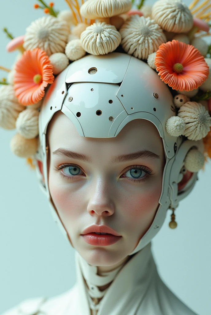 beautiful porcelain ivory fair face woman biomechanical cyborg, close - up, sharp focus, studio light, iris van herpen haute couture headdress made of rhizomorphs, daisies, brackets, colorful corals, fractal mushrooms, puffballs, octane render, ultra sharp, 8 k