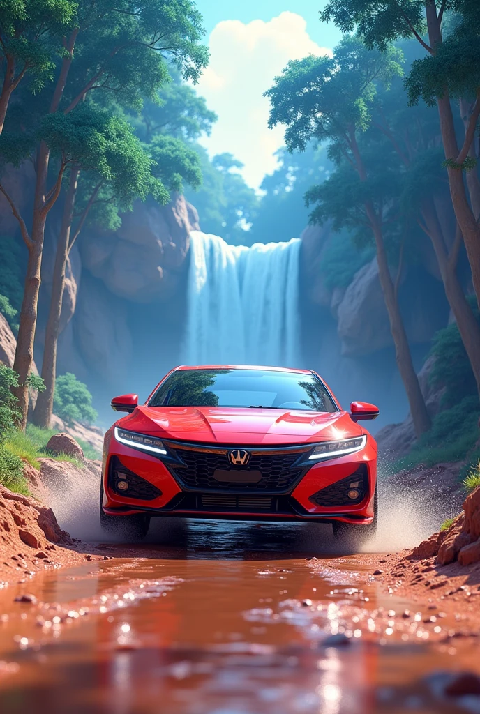 A car in red driving with blue trees and water fall with muddaser