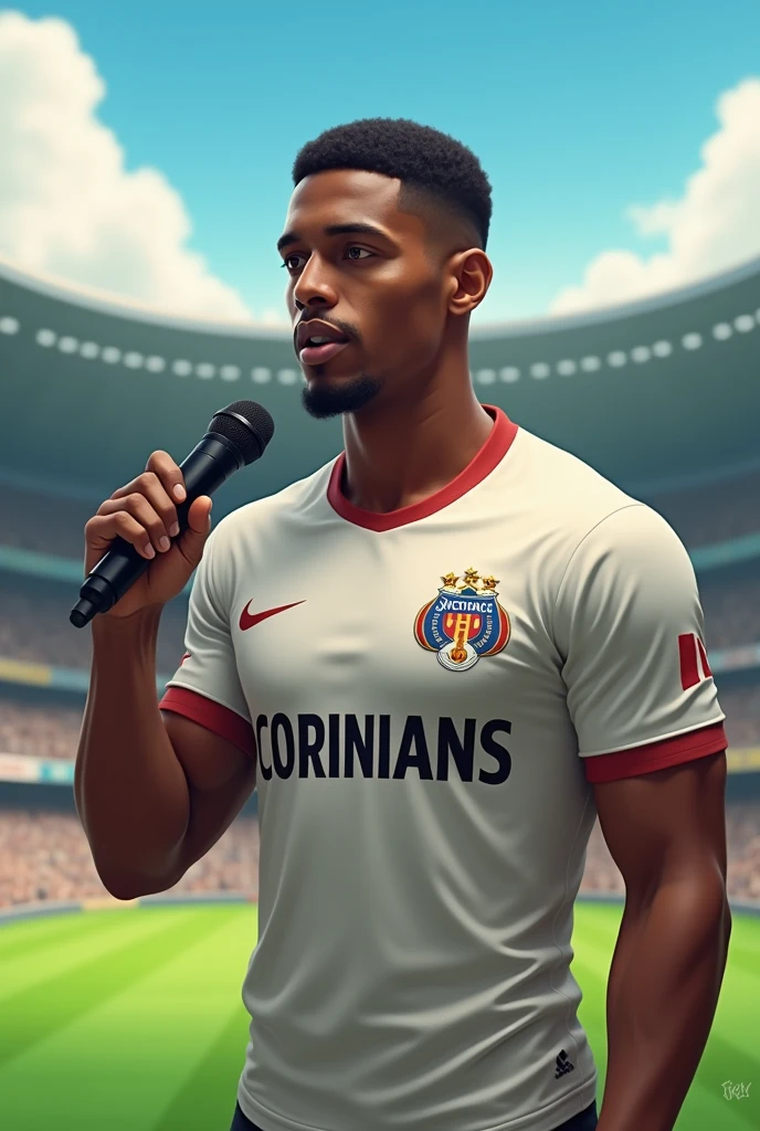one men, brown skin color, short, cropped black hair, with Corinthians shirt, em on, with microphone in hand on a football field.