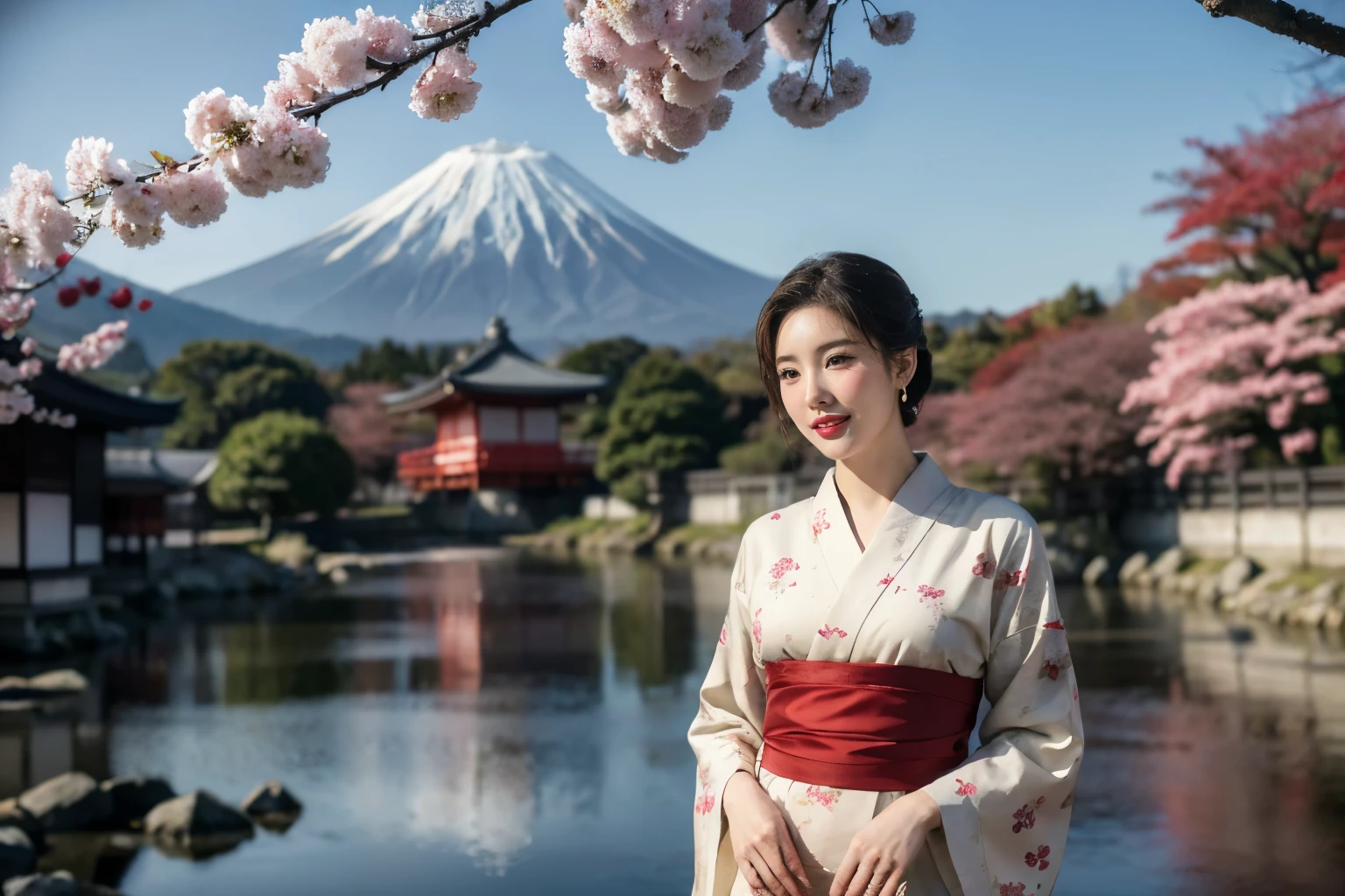 Create a photorealistic illustration featuring a mature woman with a Japanese hairstyle, standing gracefully under a cherry tree in Kyoto with Mount Fuji visible in the background. She has broad shoulders and is wearing a beautiful, detailed, long-sleeved red kimono. The woman is smiling softly, exuding confidence and elegance, while light snow falls around her, creating a serene morning atmosphere. The style should reflect a vintage pin-up art aesthetic, with a focus on high-quality, high-resolution details. The overall composition should evoke the charm and allure of 1950s pin-up art while maintaining a modern, refined look.