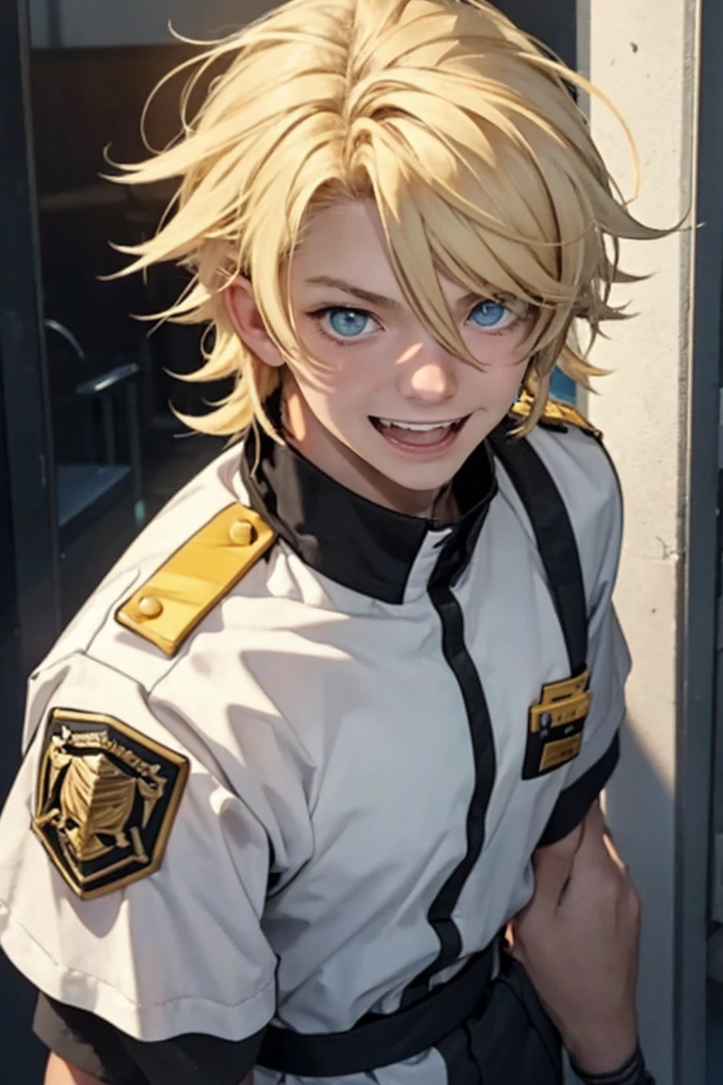 Male, Teen boy, tall, security guard costume, funny pose, wiking, blind hair, shoulder lenght ling blond hair, hazel eyes, white skin, soft features, cute, striking, confident, laughing, face portrait