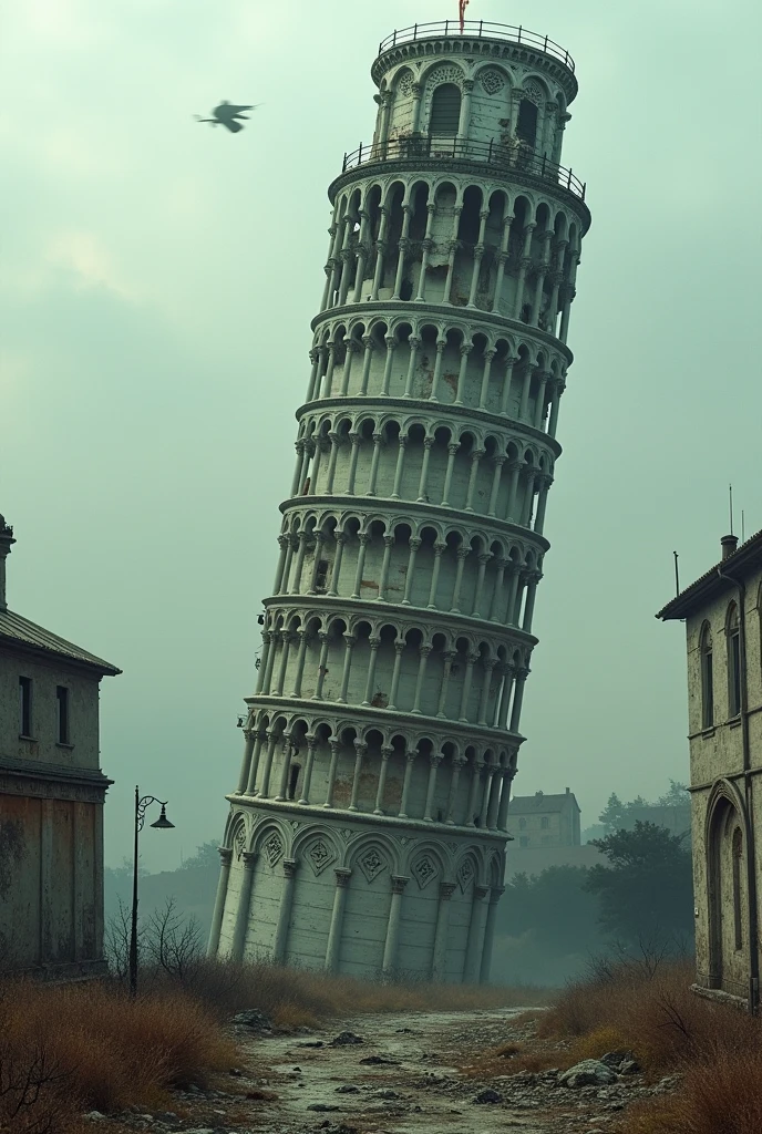 post apocalyptic photo of the ruined leaning tower of pisa