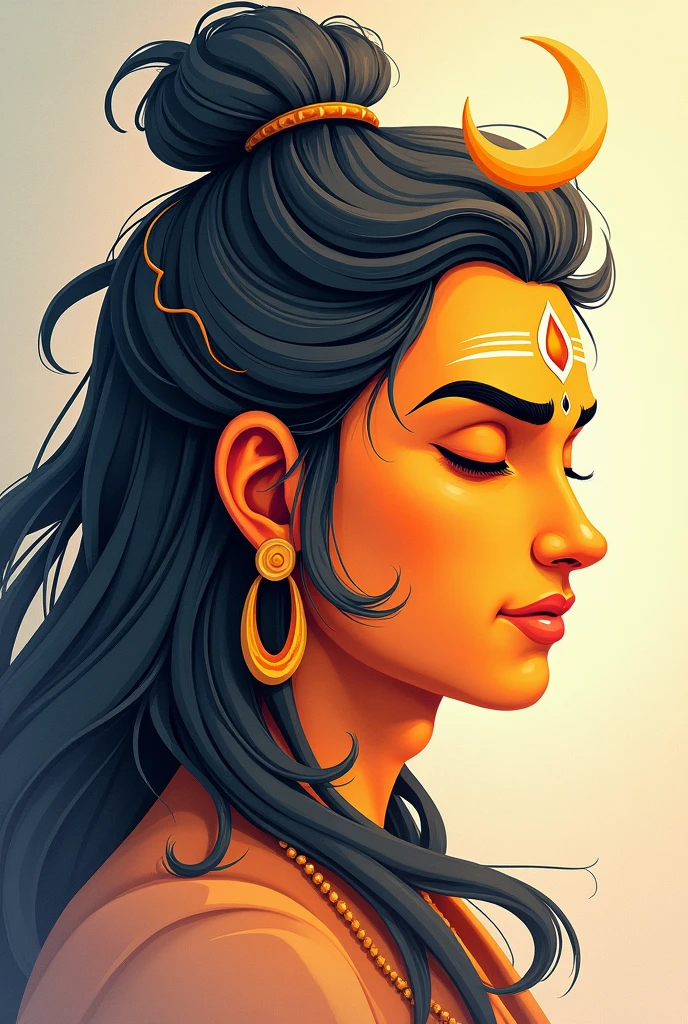 I want a illustration of lord shiva face right half ..with the complexion of yellow orange and colored skin  and hair color is black and grey 
It seems like I can’t generate any more 

Subject: Lord Shiva (right half of the face)

Style: 2D animation-style illustration

Complexion: The right half of Lord Shiva's face has a vibrant mix of yellow and orange tones, blending smoothly to create a radiant yet calm appearance.

Hair: His hair is a mix of black and grey, flowing naturally around the head. The strands are wavy and slightly textured, reflecting the divine aura.

Details:

The crescent moon is delicately placed on his hair, adding a mystical touch.
His eyes are closed or half-open, showing a peaceful and meditative expression.
