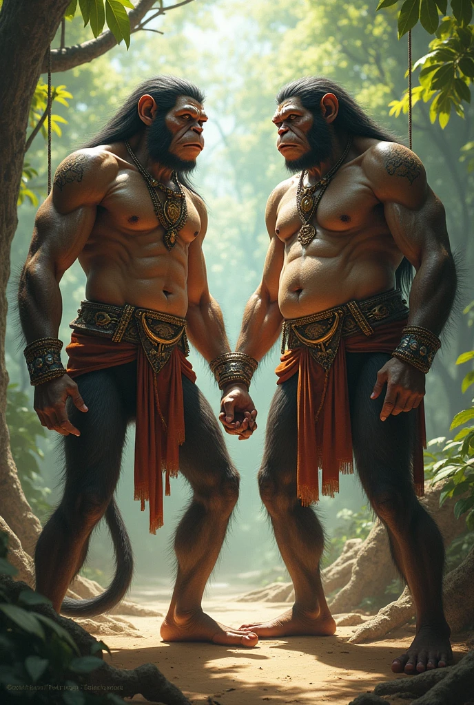 Scene 6: The Visual Transformation: Hunbatz and Hunchouén with the belts tied under their bellies, that become monkey tails. Text: "Hunahpú and Ixbalanqué told them to use their belts to go down, but in doing so, They turned into monkeys."