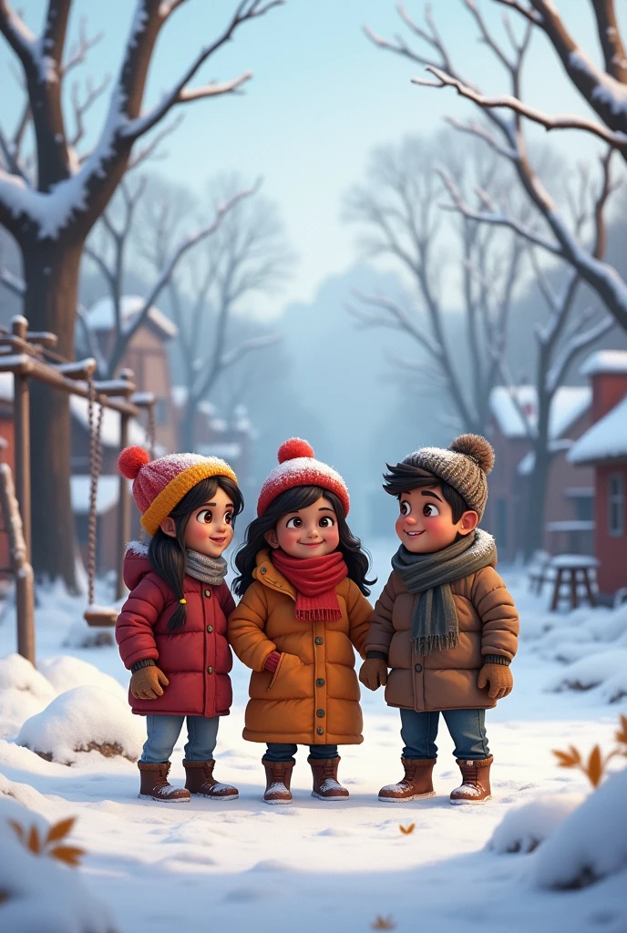 Three friends, Rahul, Seema, and Ajay, in a winter village setting, meeting at an old playground covered in snow."