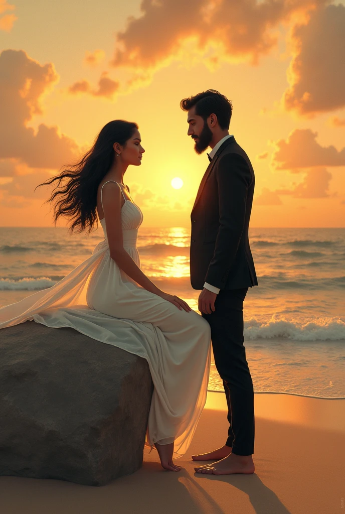 White pretty girl with black hair height 5'3 representing the life in white dress and black sri lanken boy height 5'6 with black straight hair with gote and moustache wearing black suit representing the death talking in the beach in the sunset, boy is black Indian boy they are lovers boy isn't way handsome but attractive Indian girl is sitting on rock, boy is wearing black suit he is the death with Tony stark beard style 