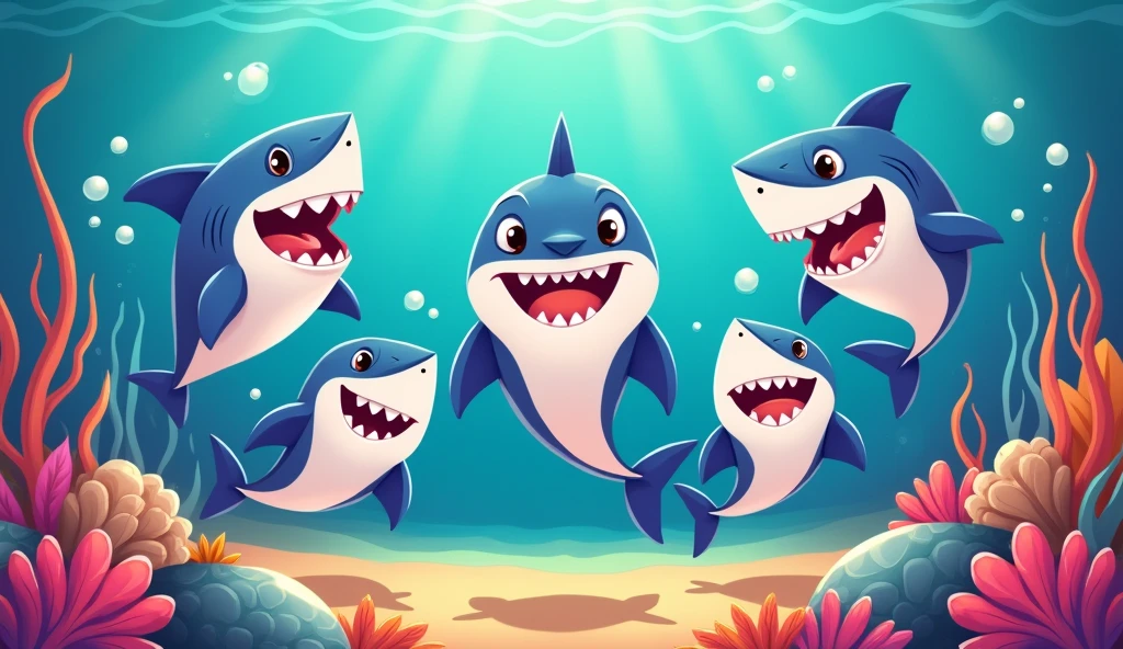 in a more childish image, show several sharks