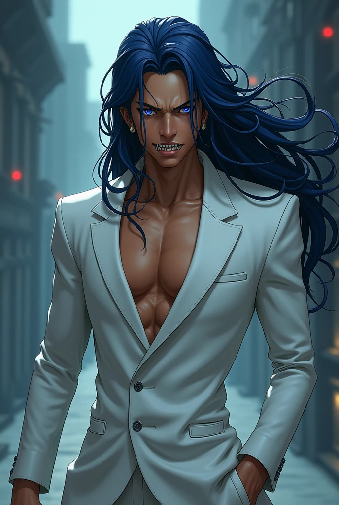 estilo one piece , a man with long dark blue hair, delicate appearance, dressed in a white suit , Tanned skin and sharp teeth
