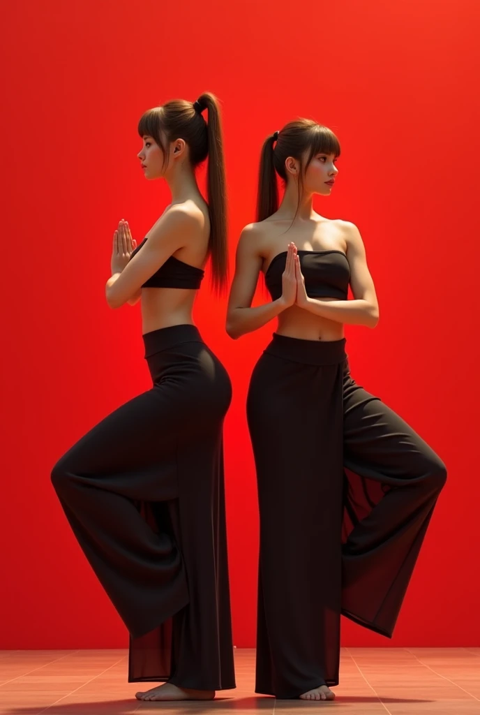 A 2 woman practicing yoga, slightly muscular, medium brown hair with bangs, in a long skirt with a black slit , black strapless top, red wall in the background