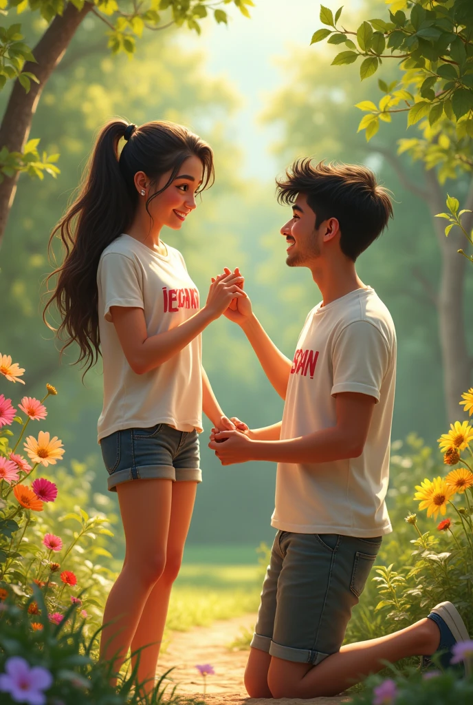 I boy and girl Love very so much his name is vinisha and the boy name is jegan 
He proposed her in beutiful garden . She is very happy. Both are wearing t shirt written both are name on t shirts 
