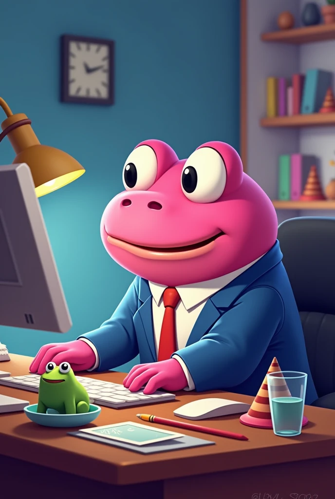 "Create an image of a cartoon-style pink frog character with large eyes, sitting at a desk working on a computer. The frog is wearing a blue suit jacket, a white shirt, and a red tie. The text 'HTX' should be displayed on the computer screen instead of 'Abdul Razzaq .' The desk should have items like a lamp, a glass of water, some books, a small toy frog in a water dish, and scattered decorative elements like striped cone-shaped objects. The scene should have a colorful and playful style, with focused lighting on the desk."