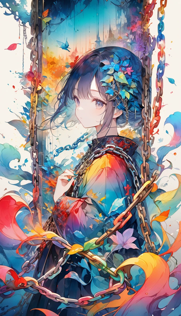 Chain-themed art, Apply paint to the chain，Then nail it on the canvas, Aesthetic color created by colorful chain shapes, Meaningless illustrations, Exquisite balance and harmony of colors, Mysterious watercolor style, Transparent as glass, Simple beauty... A world that leaves audiences speechless...