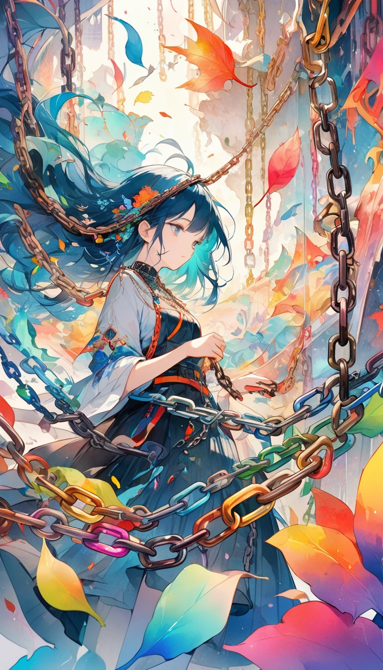 Chain-themed art, Apply paint to the chain,Then nail it on the canvas, Aesthetic color created by colorful chain shapes, Meaningless illustrations, Exquisite balance and harmony of colors, Mysterious watercolor style, Transparent as glass, Simple beauty... A world that leaves audiences speechless...
