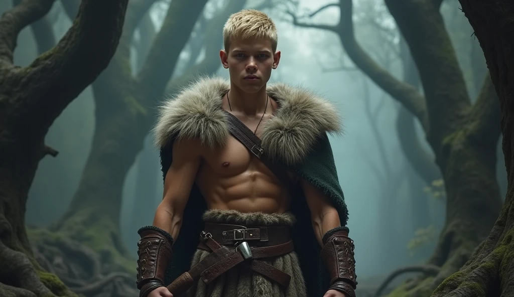 "Create a hyper-realistic, dark fantasy version of Bobby the Barbarian from 'Dungeons & Dragons' (Caverna do Dragão), set in a gloomy, ominous environment inspired by the dark and perilous world of the series. Focus on capturing the intricate details and textures of his face and body while preserving his iconic appearance. Bobby should have his recognizable youthful face, with short, tousled blonde hair and an expression of fierce determination mixed with innocence, reflecting his bravery despite his young age.
He wears his iconic fur tunic, leather boots, and wields his signature club. The fur tunic should be rendered with realistic textures—soft, rugged, and slightly weathered from his adventures. The leather boots should show signs of wear, with detailed stitching and scuffs. His club should look heavy and formidable, with intricate carvings and a worn handle. Pay close attention to the details of his muscular build, the texture of his clothing, and the determined look in his eyes to ensure a lifelike portrayal.
The setting is a dark, foreboding forest typical of the 'Dungeons & Dragons' world, with towering, twisted trees and a misty atmosphere. The background should evoke the series' blend of fantasy and danger, with the environment slightly blurred to keep the focus on Bobby's detailed and realistic portrayal. The textures of his fur tunic, boots, and club should be central, while the environment enhances the dark and intense mood."