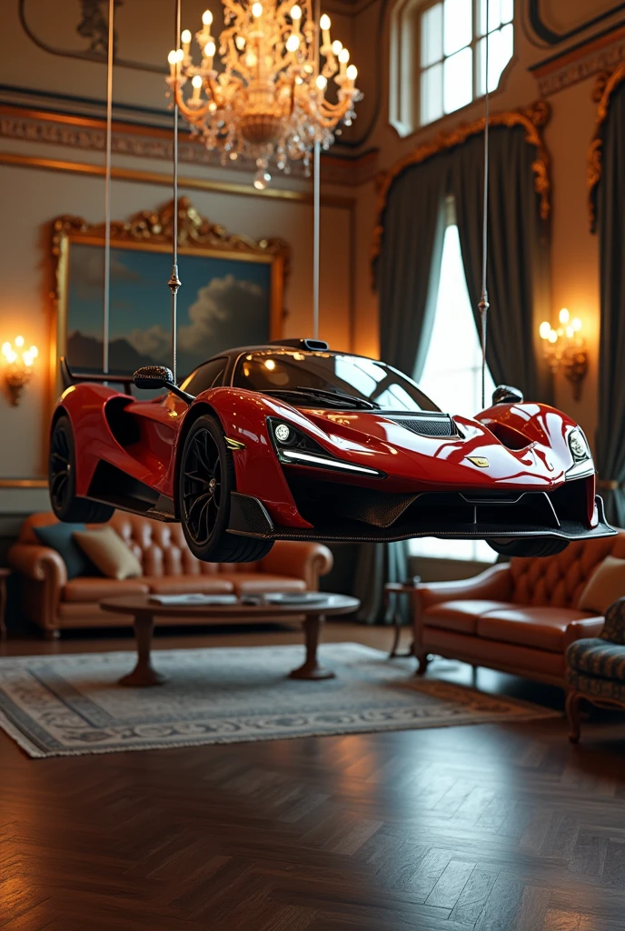 Super sports car hanging by cables from the ceiling of the living room of a luxurious mansion