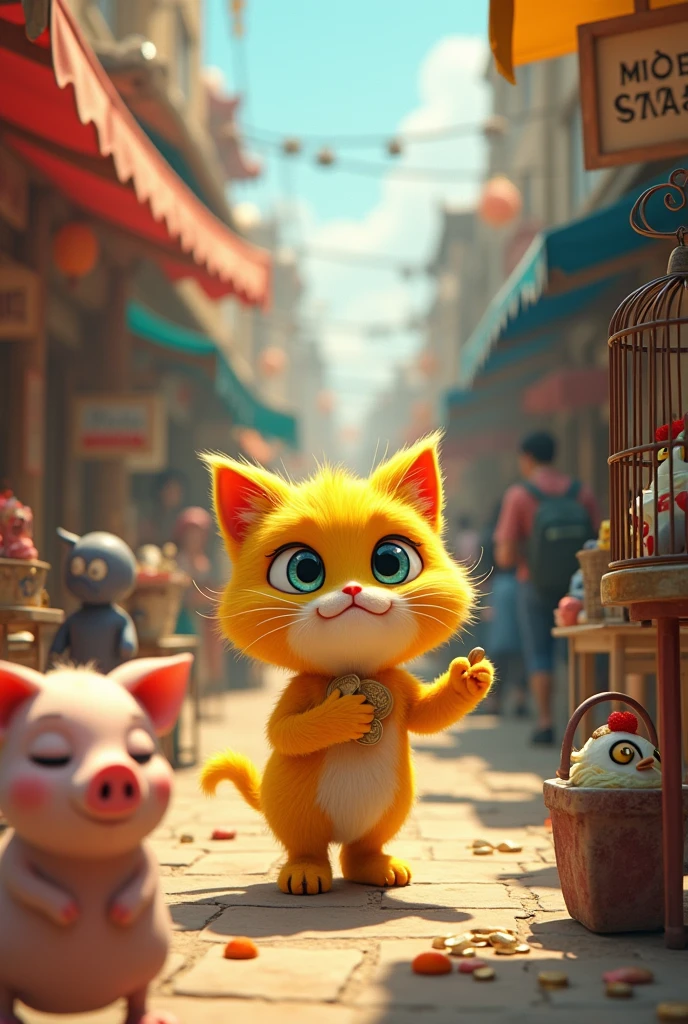 A yellow cat with bright fur is walking through a bustling market, holding money in its paw, thinking about eating ice cream. Suddenly, the cat notices a sad pig selling birds confined in small cages. The cat's excitement turns to concern as it gazes at the troubled pig and the helpless birds, feeling torn between its desire for ice cream and the empathy it feels for the trapped creatures.