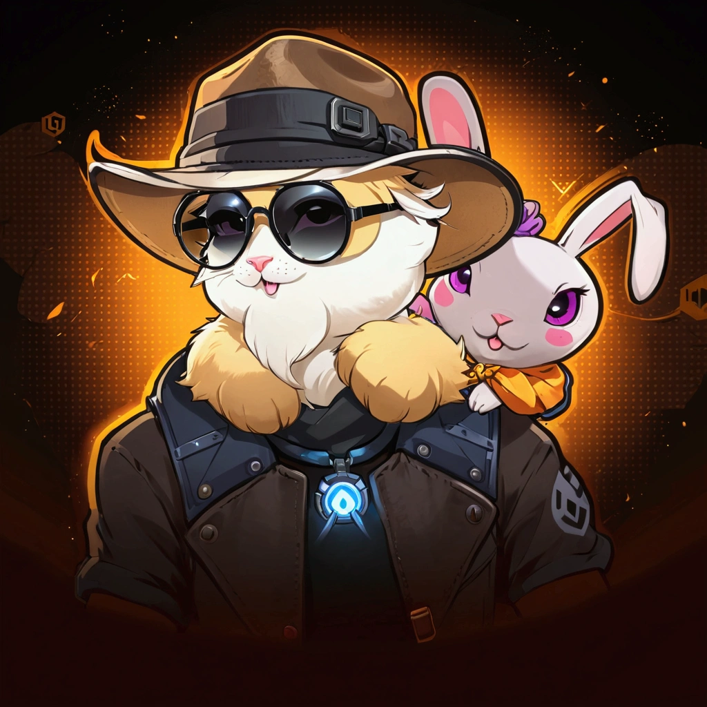 a cartoon character with a hat and sunglasses on, holding a rabbit, rabbt_character, discord profile picture, electrixbunny, profile picture 1024px, as an overwatch character, from overwatch, overwatch fanart, overwatch style, as overwatch character, steamcommunity, steam community, discord pfp, overwatch art team, in hearthstone art style, avatar image