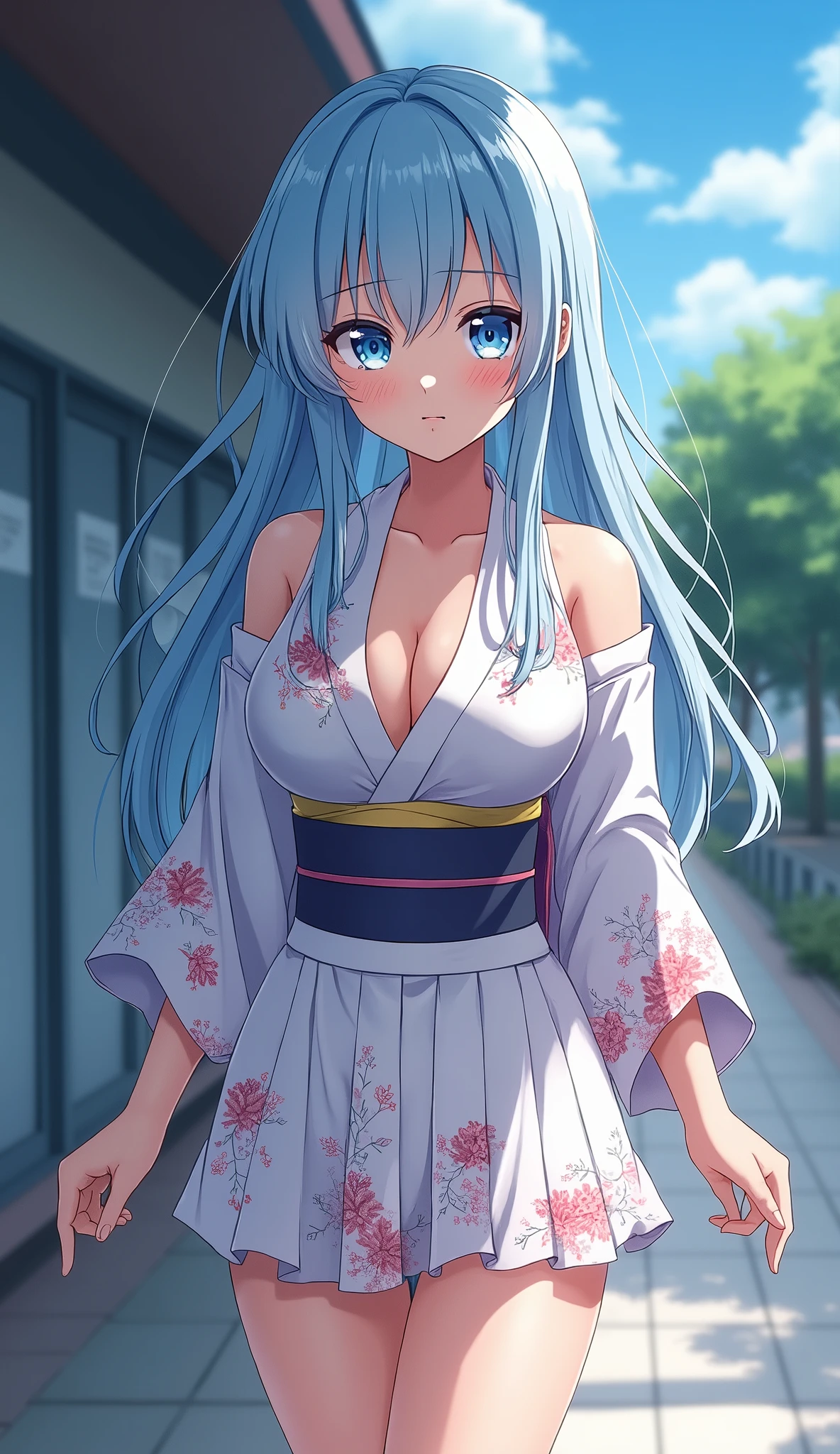 A anime high school girl, wear sexy kimono, short kimono, bare arms, bare back, bare shoulder, walking, long hair, light blue hair, look at viewer, blue eyes