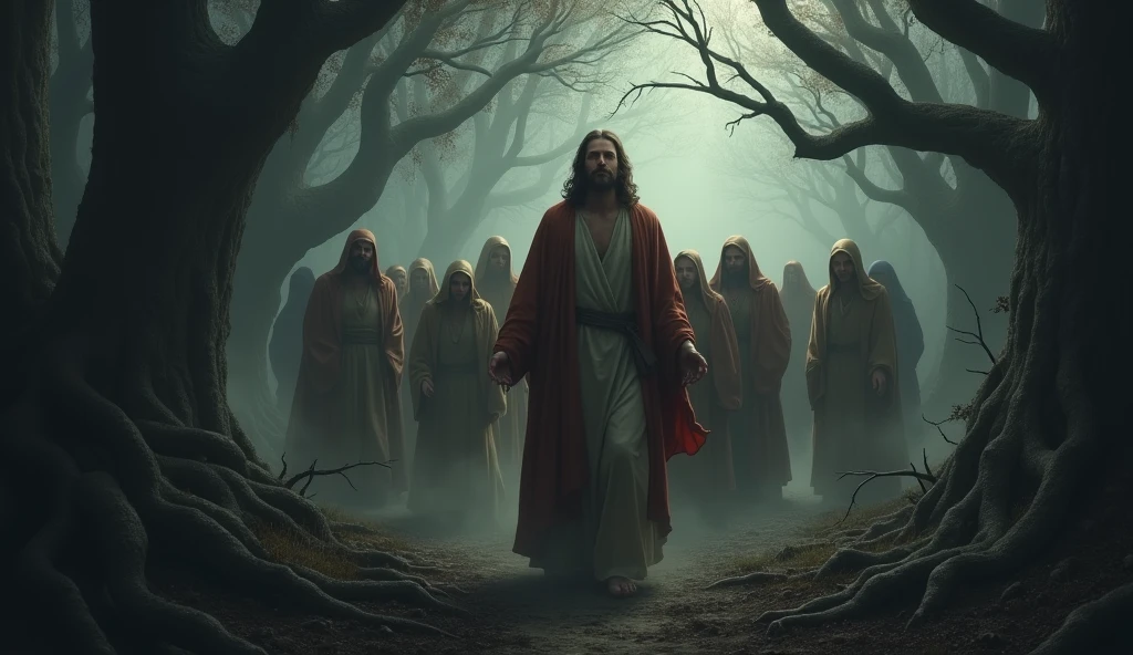 A realistic image of Jesus crossing dark valleys with a confident and protective look, gazing forward while shielding a group of people right behind Him. The people are holding onto Jesus, seeking safety amidst a dark and eerie background. The setting features a frightening forest with twisted trees and shadows, creating an atmosphere of mystery and danger. The image should be half-body, highlighting Jesus as a guide and protector, conveying a sense of safety and faith. This scene should be striking, perfect for a YouTube thumbnail that intrigues viewers about Psalm 23.
