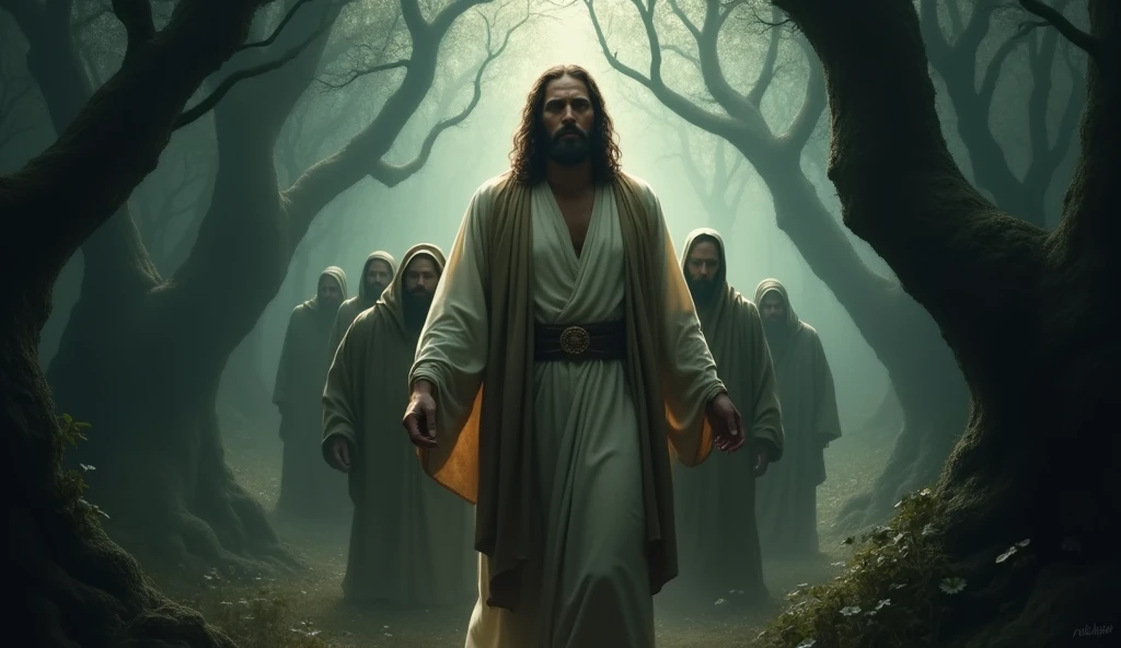 A realistic image of Jesus crossing dark valleys with a confident and protective look, gazing forward while shielding a group of people right behind Him. The people are holding onto Jesus, seeking safety amidst a dark and eerie background. The setting features a frightening forest with twisted trees and shadows, creating an atmosphere of mystery and danger. The image should be half-body, highlighting Jesus as a guide and protector, conveying a sense of safety and faith. This scene should be striking, perfect for a YouTube thumbnail that intrigues viewers about Psalm 23.