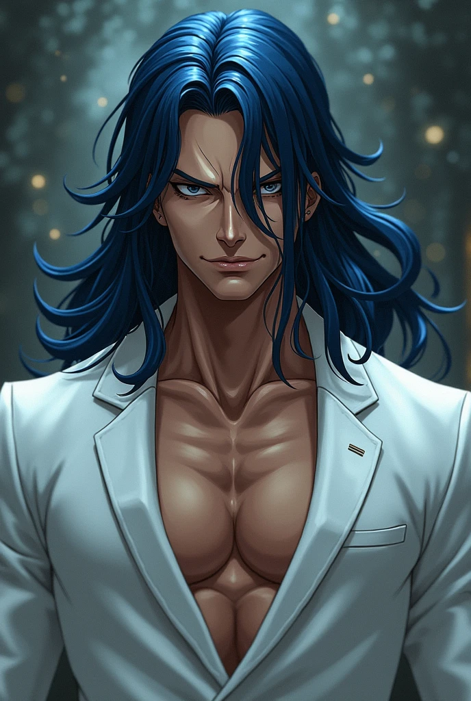 estilo one piece , a man with long dark blue hair, delicate appearance, dressed in a white suit , Tanned skin and sharp teeth