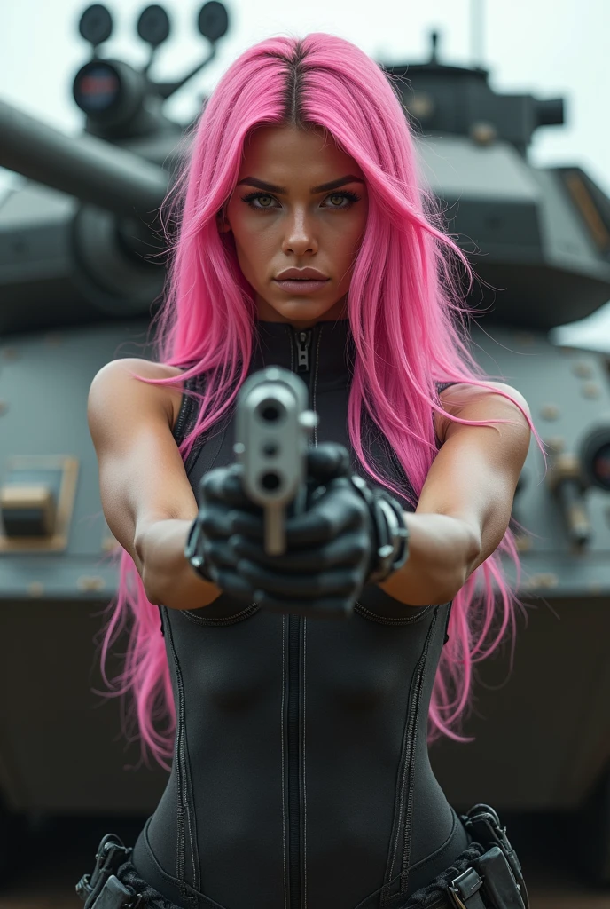 1 very beautiful woman, with exuberant beauty, 30years, long flowing pink hair, cyberpunk style, war tank, wearing a jumpsuit, fully body, holding a pistol and aiming it fixedly at the viewer