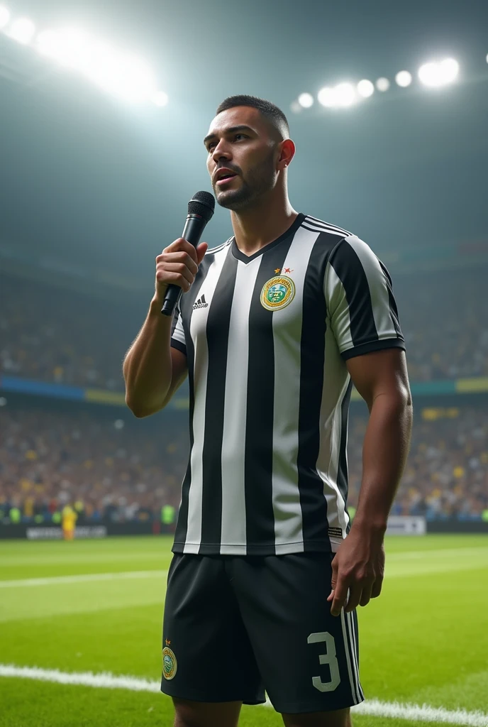 one men, white skin color, short, cropped black hair, with black and white striped Corinthians shirt, em on, with microphone in hand on a football field.