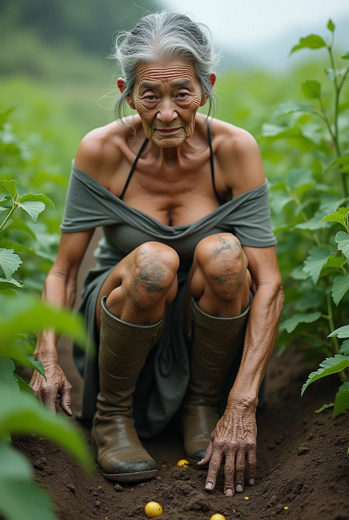 Japan 100 years old old woman aging elderly person aged face gal to off-shoulder、Micro Mini Skirt、Grandma's field work with thigh-high boots stolen Grandma's muddy thigh-high boots with transplant surgery on a gal's big breasts Full body