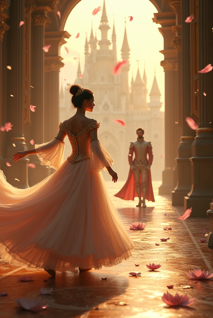 Beautiful world ((((((Fantasy novels))))) Pale pink feathers and stardust fall down Golden world The beautiful person dancing gorgeously in the beautiful and magnificent castle The beautiful prince watching it from afar (((Love story)))) His costume is a luxurious and beautiful dress from medieval Europe An incredibly handsome prince