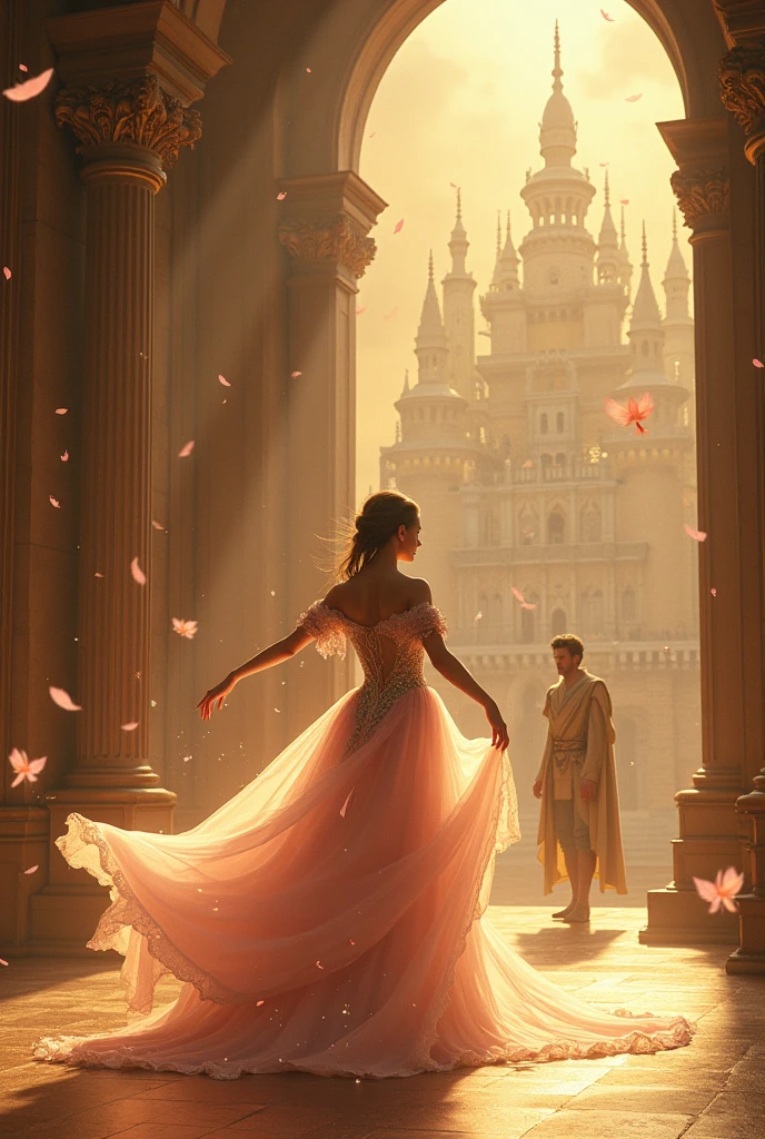 Beautiful world　((((((Fantasy novels))))) Pale pink feathers and stardust fall down　Golden world　The beautiful person dancing gorgeously in the beautiful and magnificent castle　The beautiful prince watching it from afar　(((Love story)))) His costume is a luxurious and beautiful dress from medieval Europe　An incredibly handsome prince