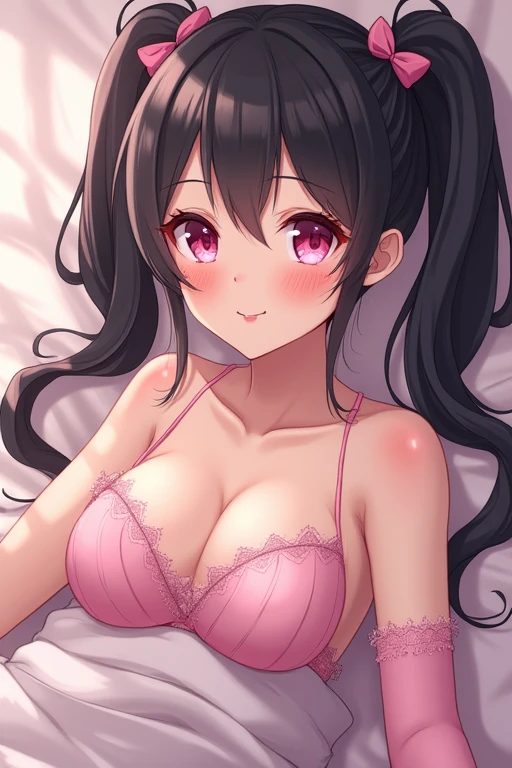 1 girl, (masterpiece), Best Quality, expressive eyes, perfect face, usagi, busty,  perfect nipples, moonbun by black, extremely shiny in pigtails, pink eyes, without bra, without panties, pink lace stockings on arm, in bed smiling, full picture, lubricated and open vagina