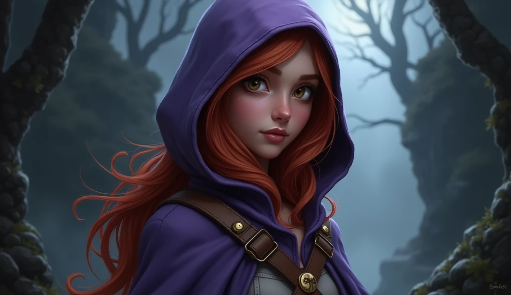 "Create a hyper-realistic, dark fantasy version of Sheila the Thief from 'Dungeons & Dragons' (Caverna do Dragão), set in a gloomy, shadowy environment inspired by the dark and treacherous world of the series. Focus on capturing the intricate details and textures of her face and body while preserving her iconic appearance. Sheila should have her recognizable auburn hair, cascading in soft waves down her shoulders, with an expression that combines vigilance and subtle determination, reflecting her protective nature and stealthy skills.
She wears her iconic light purple hooded cloak, which should be rendered with realistic textures—soft, slightly worn fabric that drapes naturally over her form. The cloak should retain its original color, but with a darker, muted tone to fit the dark fantasy theme. Underneath, her outfit should consist of her classic tunic and boots, detailed with subtle stitching and light wear from her adventures. Focus on her face, capturing the nuances of her expression, the texture of her hair, and the natural flow of her cloak.
The setting is a dark, misty version of the treacherous landscapes from 'Dungeons & Dragons', with looming cliffs, twisted paths, and an eerie fog. The background should evoke the series' blend of fantasy and danger, with the environment slightly blurred to maintain the focus on Sheila's detailed and realistic portrayal. The textures of her cloak, hair, and facial features should be central, while the environment subtly enhances the dark and mysterious atmosphere."