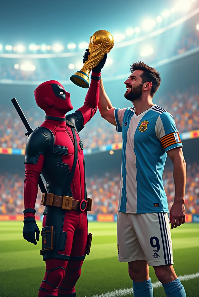 Deadpool and Messi kissing the World Cup