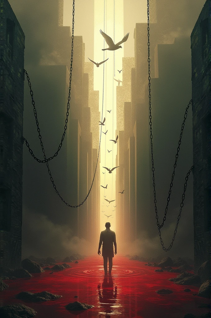 I need a black background from which a light comes out that is trapped by chains that do not allow it to leave, From that light come out doves and buildings below and in the middle of them a pool of blood from where a person comes out