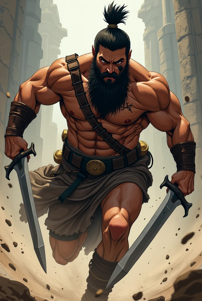 {Greek warrior}{gladiator}{ Closed clothes with only the chest shown} {huge scar on the chest}{アニメ}{scar on the right eye}{closed beard}{more scar} {アニメ} {serious face}{two blades forward rush into your arms}