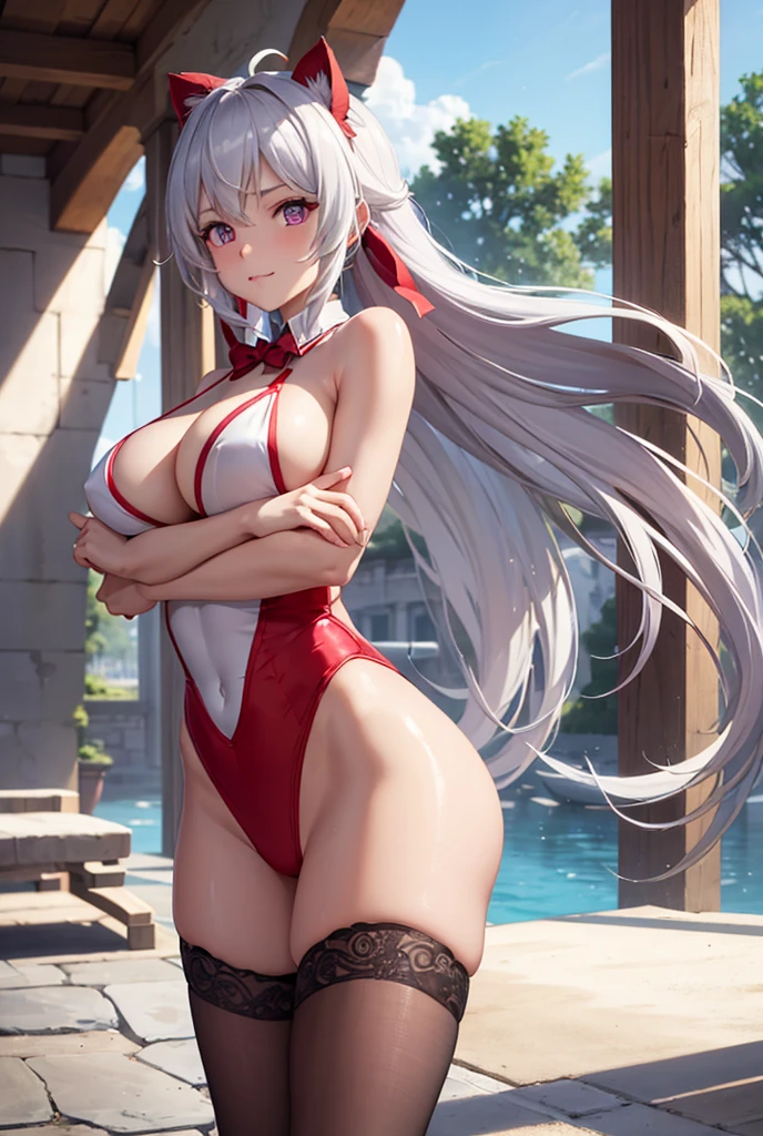 ((masterpiece)), ((Best quality)), (high resolution), (illustration), (an extremely delicate and beautiful), (ultra detailed beautiful face and eyes), nsfw, 1girl, leaning forward, YukineChris, long hair, purple eyes, twintails, low twintails, ahoge, large breasts, fishnet pantyhose, red a bow tie, volumetric lightning,
detailed skin texture, detailed, volumetric shadow, anime screencap,Highest quality, Sorceress, ancient babylonian nobility, ((tan skin:1.2)), (brown skin color),Long hair, twin braids, hair ornament, wine colored hair, smile, Below average size breasts, bare shoulders, (underboob:0,Red leotard)clothes get torn、Cross your arms、Wide-open legs、Standing with your legs apart、front、Leg spread、Groin、bikini、Two Piece、Yukine Chris、Symphogear、Wet、lake、lake畔、Shrine 8K, masterpiece, Best_quality, high_resolution, ultra_details, detailed, 1girl, 独奏, looking_at_viewer, upper_body, braid, blurry, bangs, white_hair, blurry_background, collared_shirt, church, red_dress、hair_ribbon, hair_between_eyes,
sidelocks,depth_of_field,light_particles,sun_shine,snow、french_braid, Alphonse Mucha Style, sharp focus, perfect hands, perfect face, perfect eyes, perfect light, dynamic light, natural light, Masterpiece, Best quality,