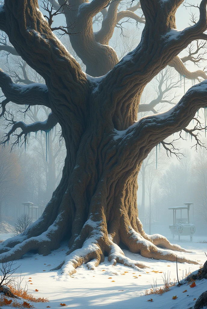 "An old, large tree in the playground with a sense of nostalgia, surrounded by snow and fallen leaves