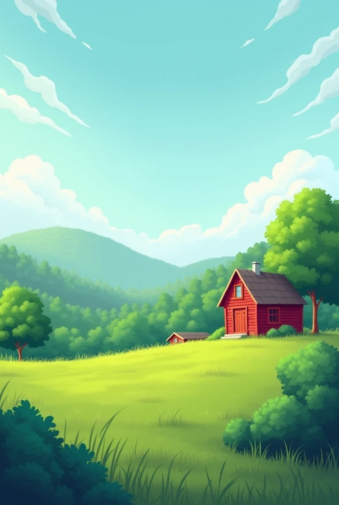 Zenon&#39;s farm only the red cabin , in animated form, the cabin further away and the sky and the trees can be seen, that the grass and trees are a little more noticeable




