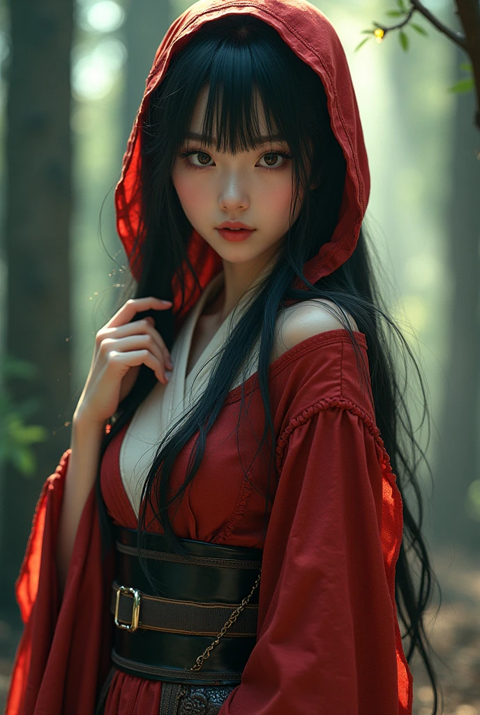 (8K, Raw photography, top-quality, ​masterpiece:1.2),  One Woman、Japan at the age of 18,fullllbody.{scinematic angle、Wide Angle、Don't split the screen、}（Realistic Skins 1.4）、（red riding hood、Wear a crimson hood）、（（（red hoods、Red dress、Black fishnet stockings、high-heels）））、（（（In the dark forest、In a deep eerie forest　、Pitch black night、Deep fog）））（（traces of wiping blood from the mouth,,,,,,,,,,,,,,,,,,,,、Red Eyes、Black and long nails））、50mm Lens、30mm film、wide angles、（long、straight haired、）、（A dark-haired、The forehead is hidden by bangs、）、Black eyes、shinny skin、Beautiful delicate face、Beautiful delicate eyes、｛medium chest、medium tits、｝、cleavage, stomach